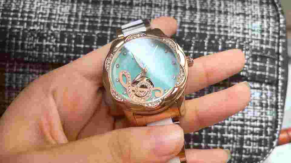 New Women Mechanical Wristwatches Hollow Crystal Petal Shape Automatic Watch