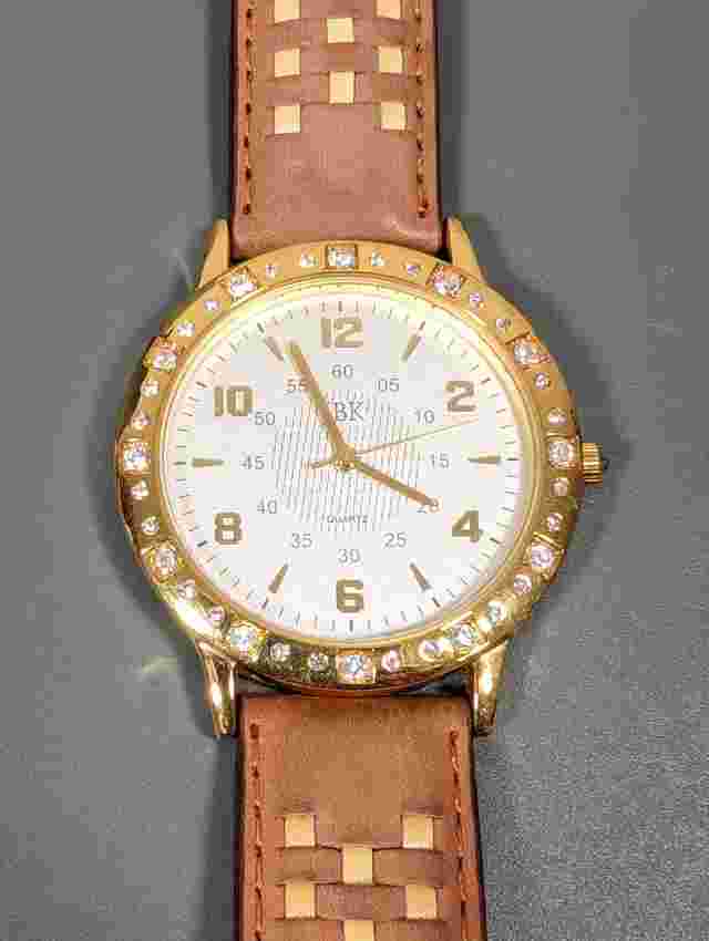 JBK Collection Camrose & Kross Gold Tone Crystal Accent Brown Leather Watch