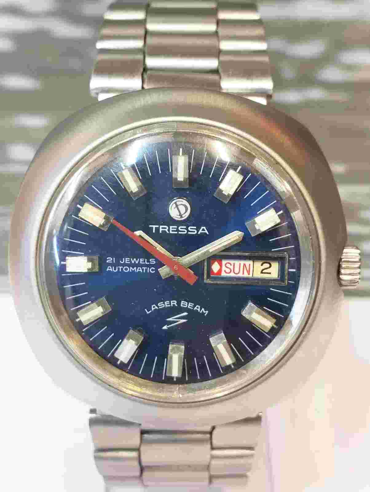 TRESSA LASER BEAM 21 JEWELS AUTOMATIC BLUE DIAL 633 SWISS MEN FULL WORKING VTG.