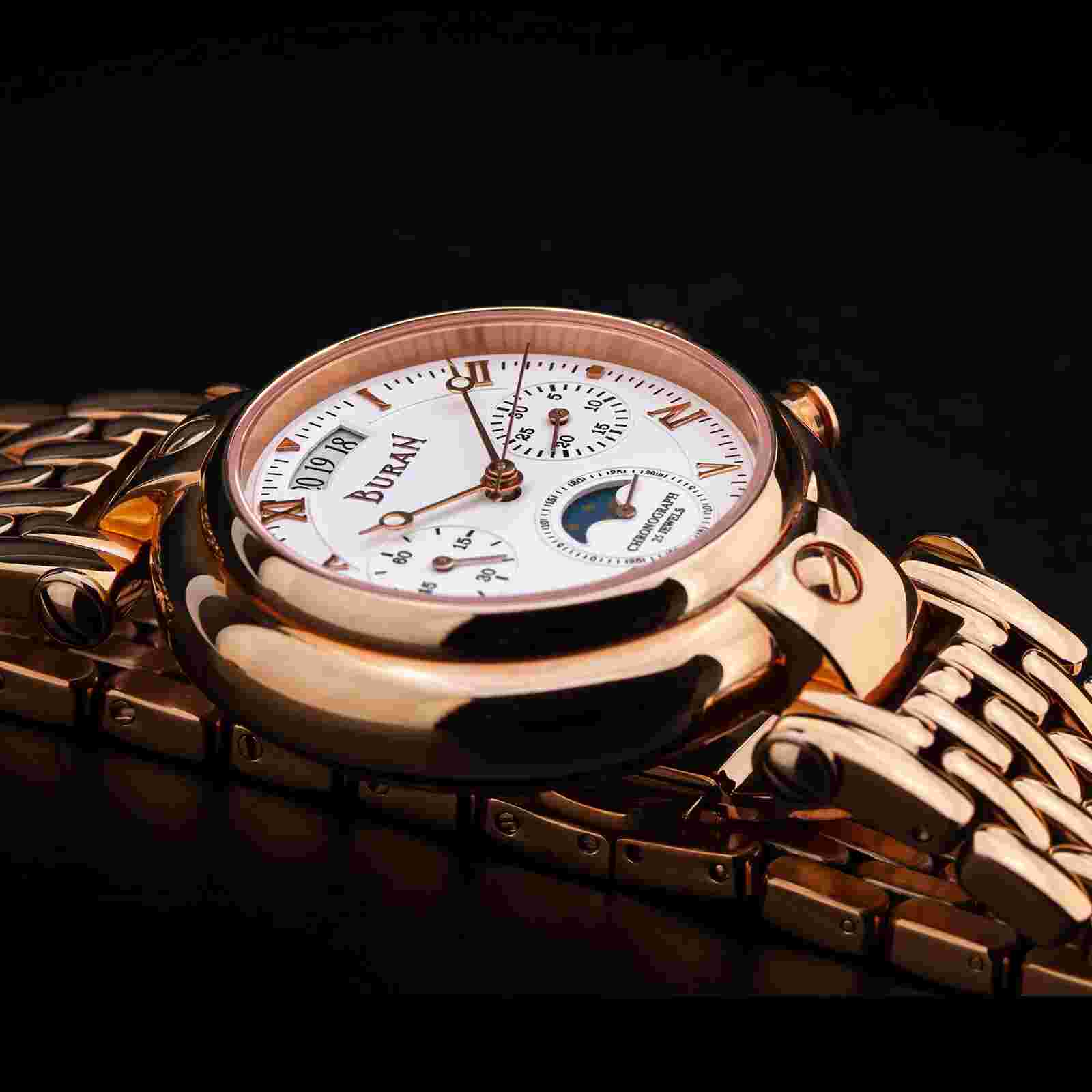 Buran Basilica Moon Phase Chronograph 31679 Poljot - Russian Watch Milanese Rose