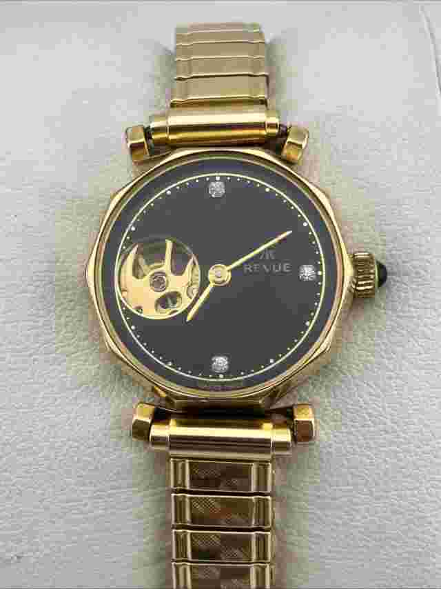 Vtg Revue Ladies 24mm Watch Gold Tone Black Dial Skeleton Windup Decagon - RUNS