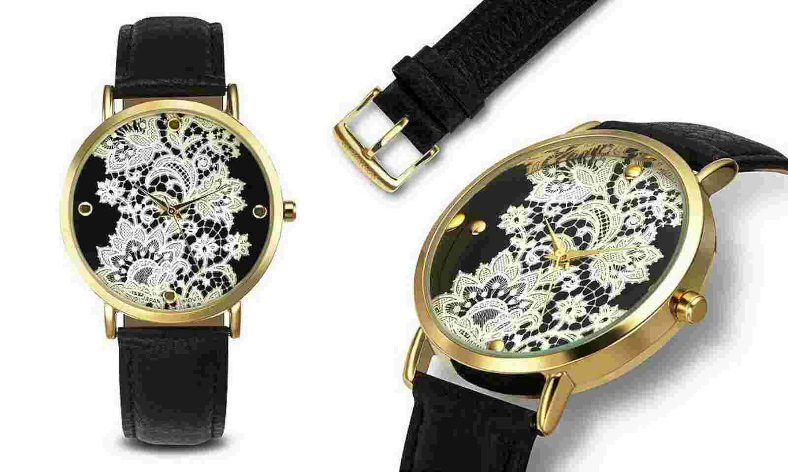 NEW Rousseau 9912 Women's Lace Collection Gold IP Case Black Leather Strap Watch