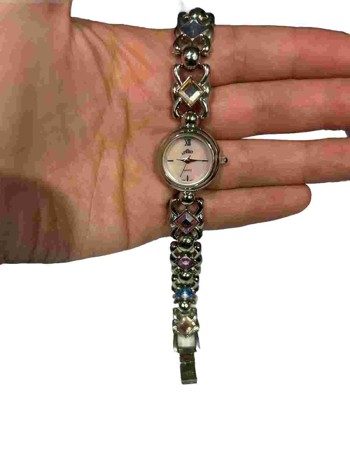 Vintage Alto Watch Silver Toned, Colored Gems