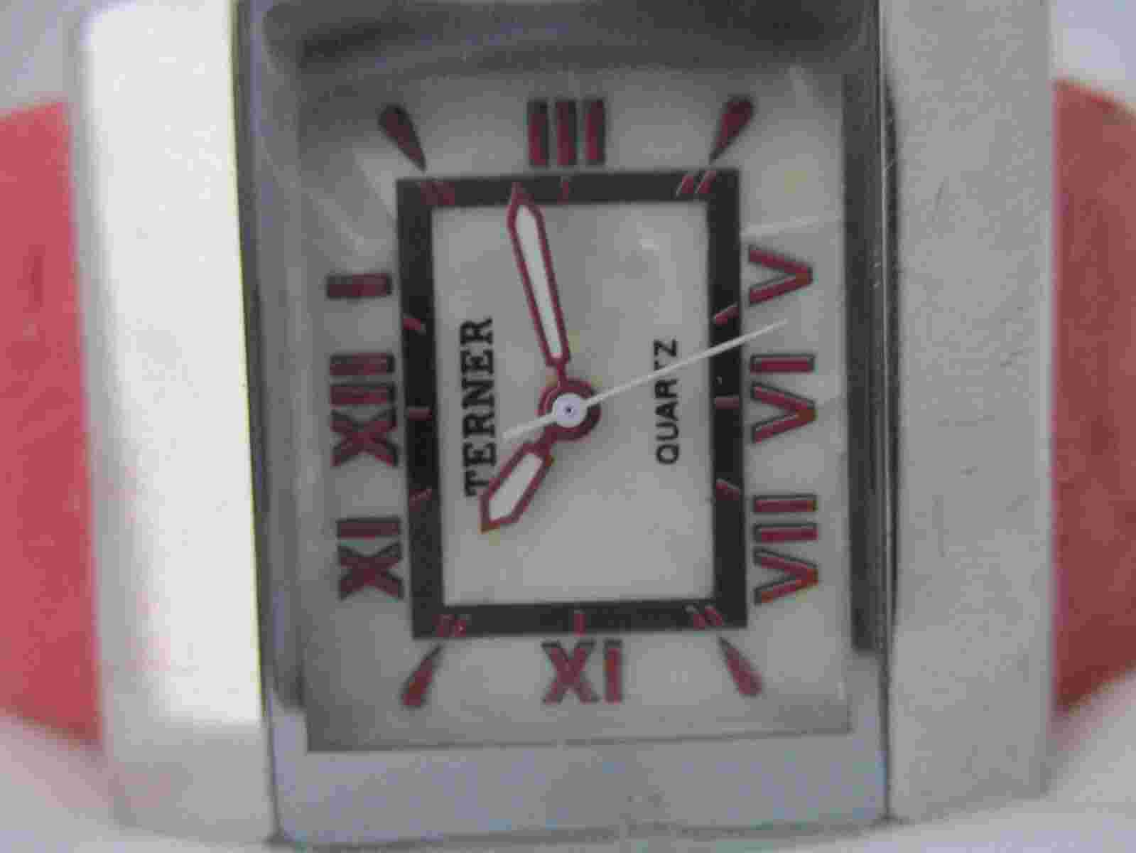 Terner Watch Silver Tone Pink Cuff Band Rectangular Face Working