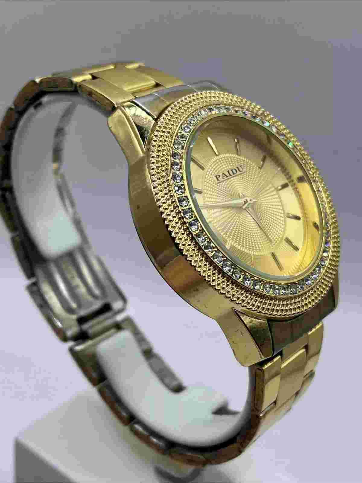 Paidu Men's Quartz Watch Gold Tone Bracelet Band Rhinestones- New Battery