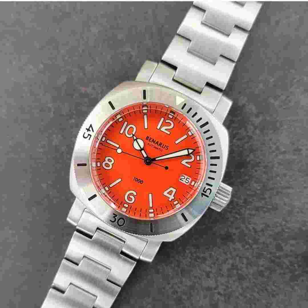 Benarus Moray Watch 38 steel orange numbers dial date Shipped from USA