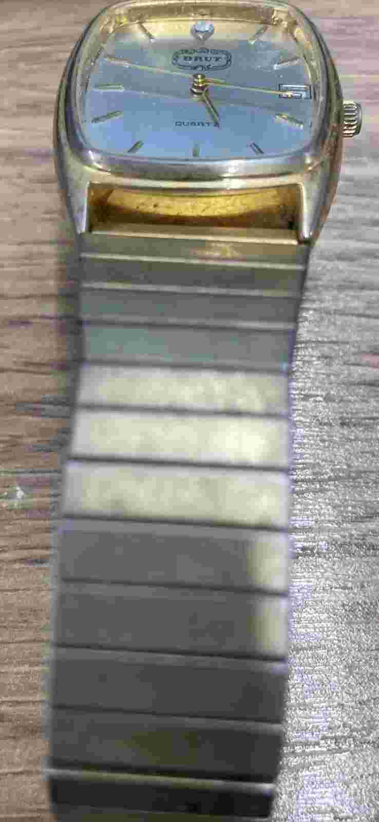 Vintage Brut Tank  Mens Gold Tone Dial Date Stretch Band Wrist Watch