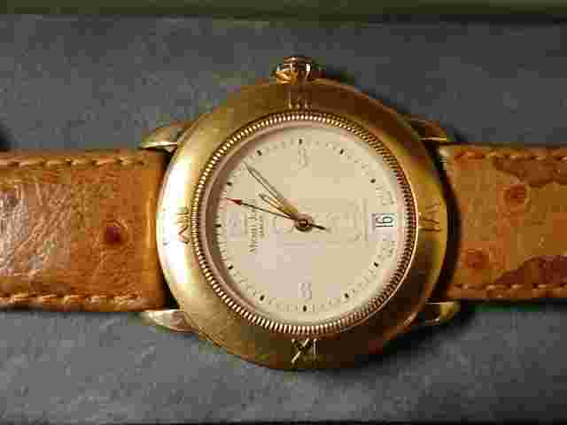 Michel Jordi Ostrich Leather strap Date 18K Gold Electro watch men vintage swiss