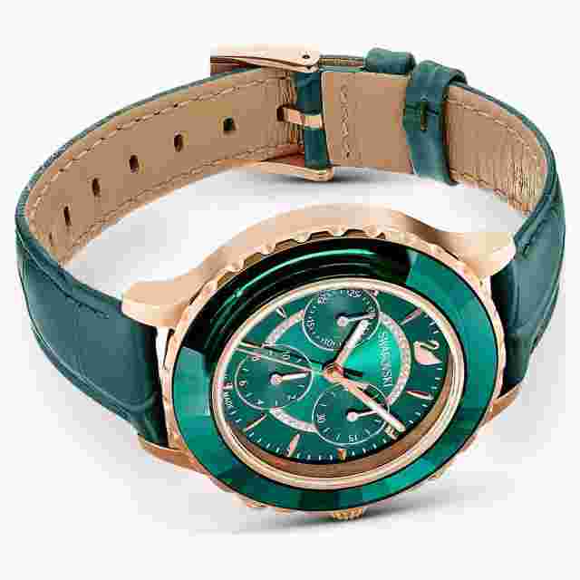 SWAROVSKI OCTEA LUX CHRONO WATCH, LEATHER STRAP, GREEN, ROSE-GOLD TONE PVD