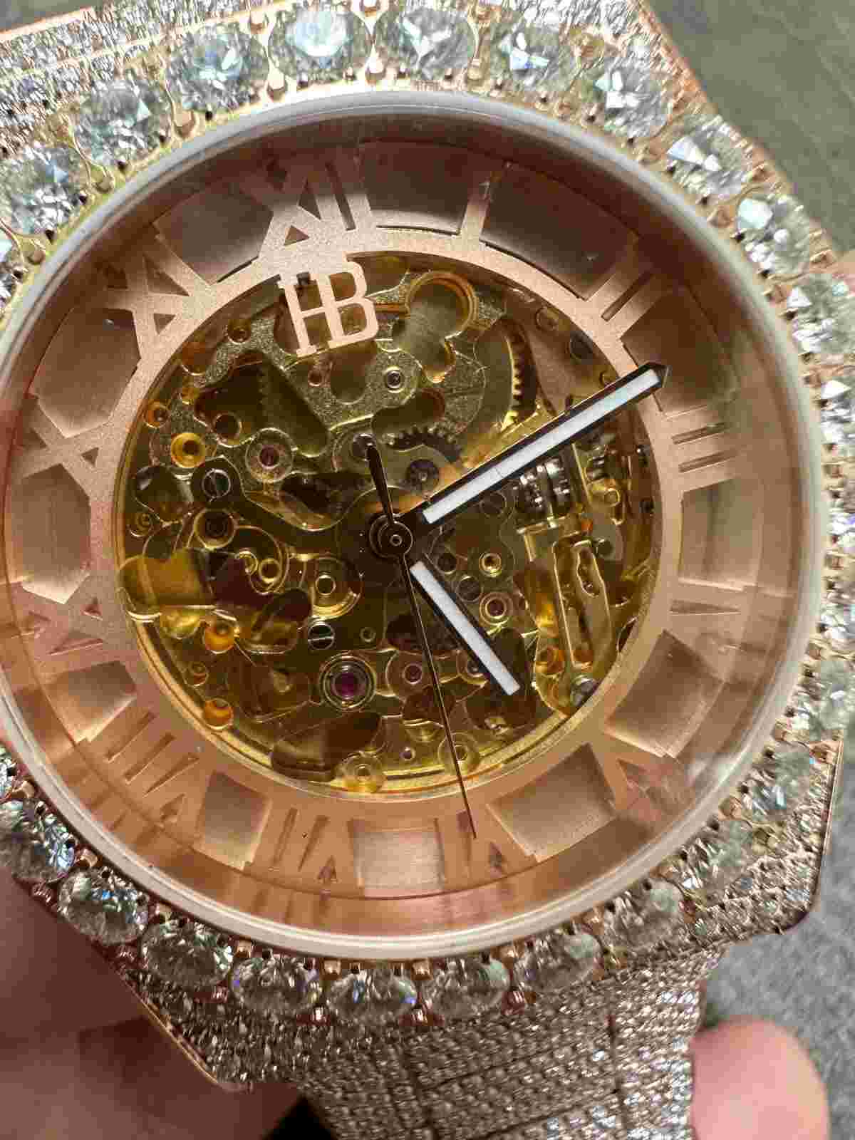 MOISSANITE Automatic Rose Gold Skeleton Watch Mens Real Iced Hip Hop PassTester