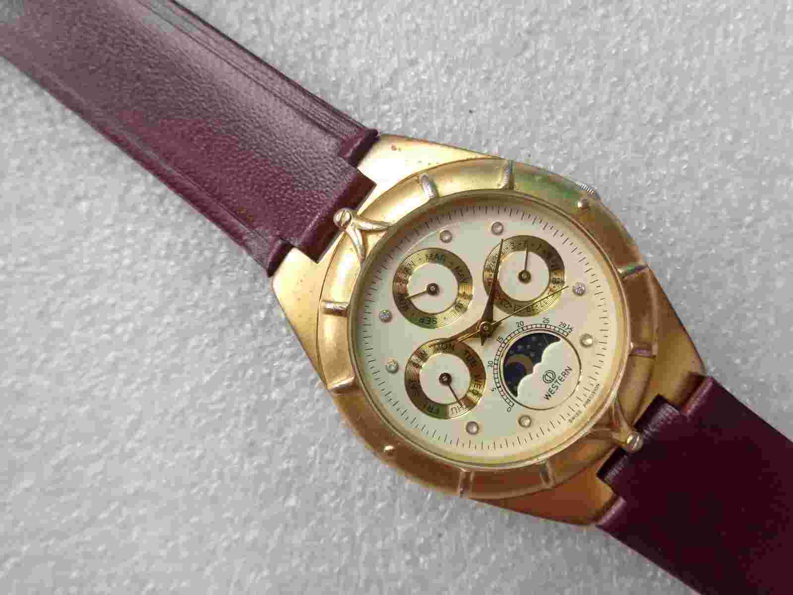 RARE Swiss Gold Plated Western Multi-Dial Mens Watch | MultiFunction, Moon Phase