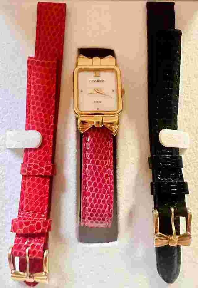 Nina Ricci Vintage Rare Bow Logo Gold/MOP/Pink/Red/Black Strap Collectable Watch