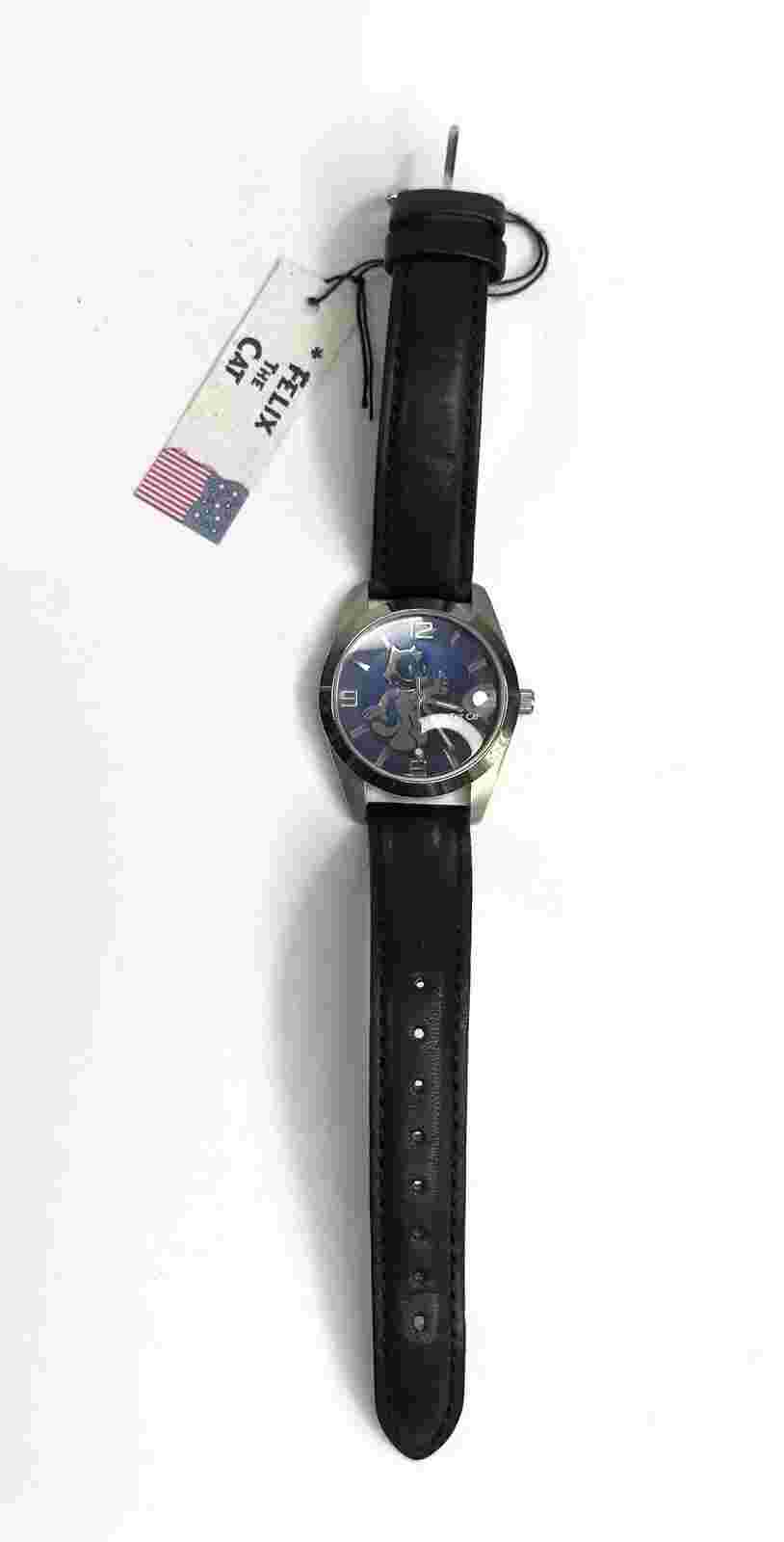 Felix The Cat Black Leather Watch 1999 Blue Face
