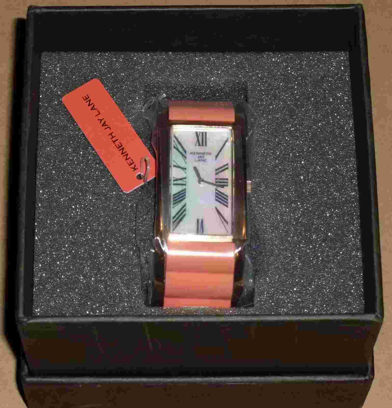 Kenneth Jay Lane Coral Rose Gold Mother of Pearl Breakers Bangle Wristwatch NEW