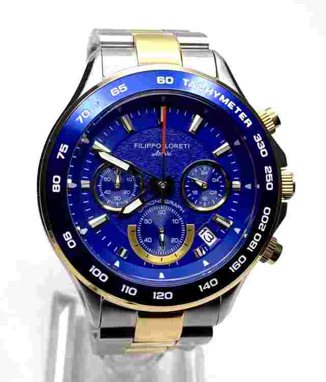 FILIPPO LORETI ASCARI MONZA CHRONOGRAPH TWO-TONE 10ATM BLUE DIAL MENS WATCH~NWOT