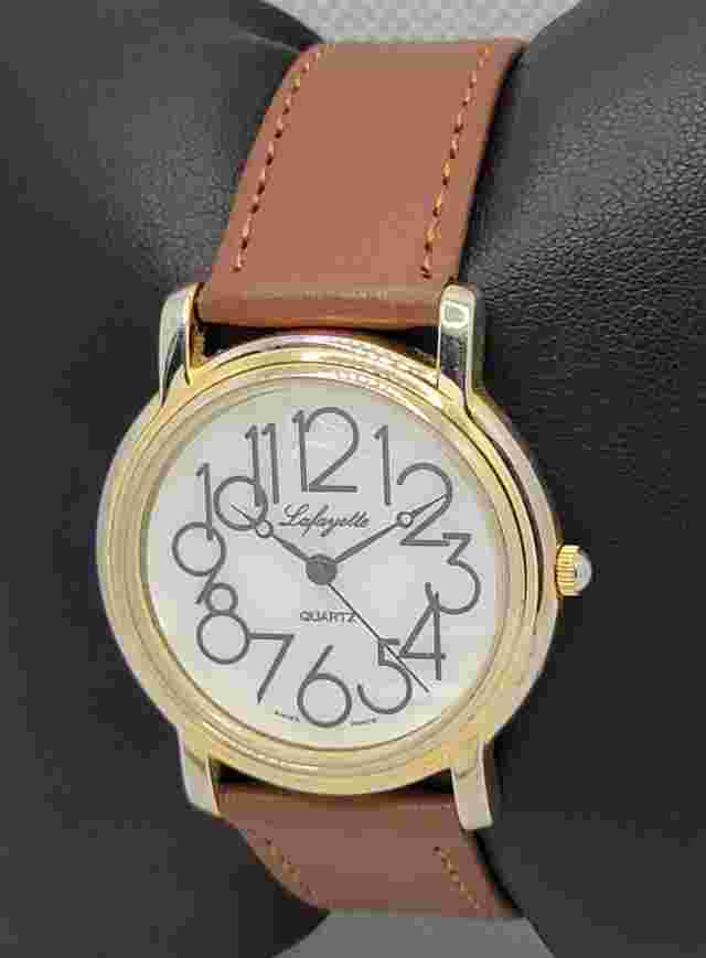 Ladies Lafayette Classic Gold Tone Jumbo Numerals Brown Leather Strap Watch K7