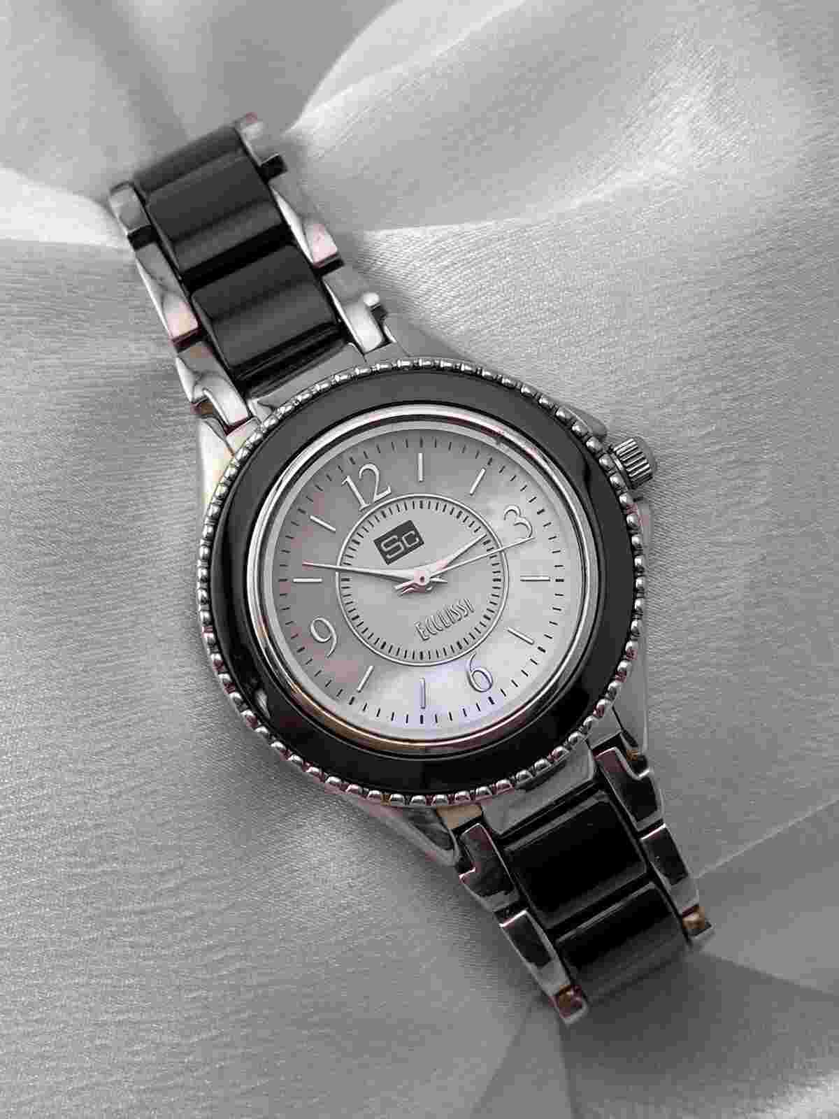 Ecclissi 925 Sterling Silver Black Ceramic Band Ladies Mother Of Pearl Watch