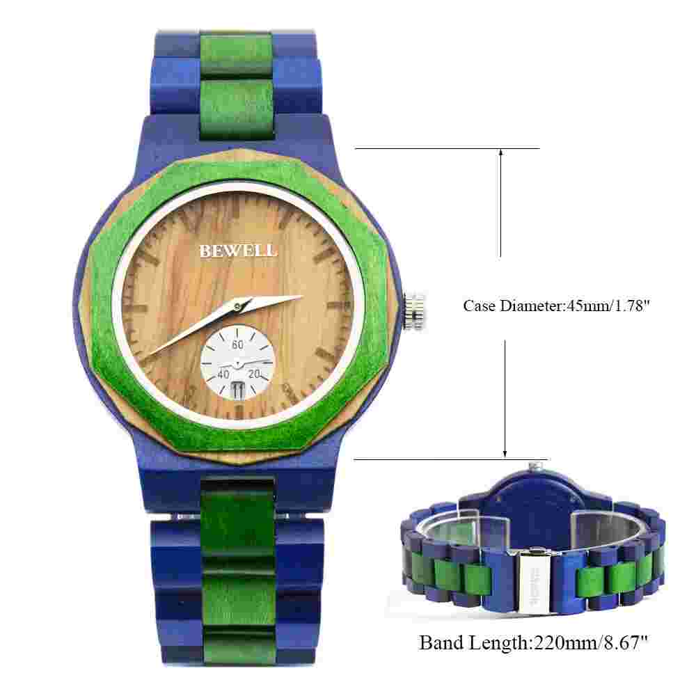 Bewell Wood Watch Casual Analog Quartz Polygon Wooden Wristwatches for Men