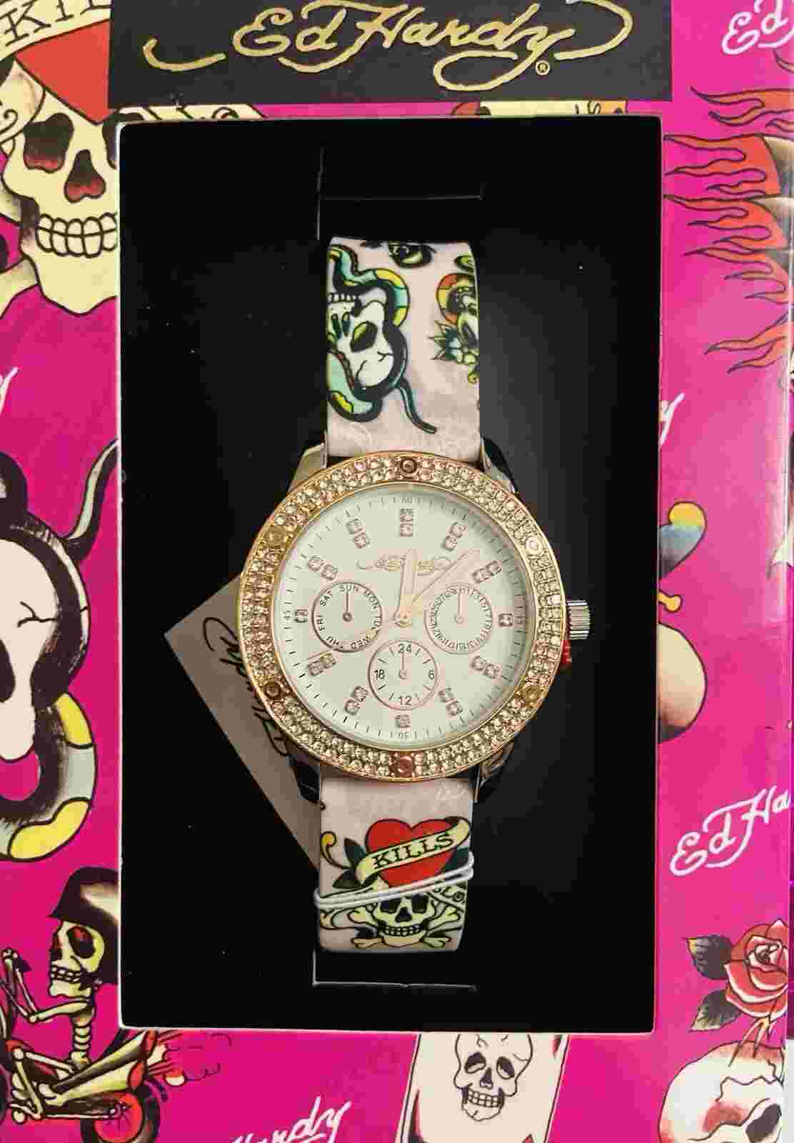 Ed Hardy Women’s Watch Rhinestone Bezel Pink Silicone Band Gift Set New $120MSRP