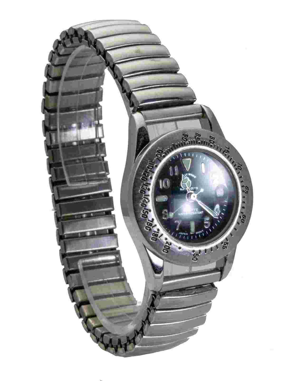 HOLLYWOOD RIDING :WOMEN'S STAINLESS STEEL STRETCH BAND ROUND CASE W/DATE WATCH
