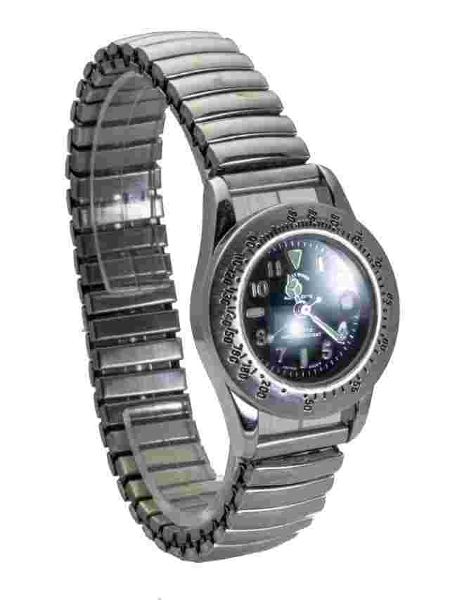 HOLLYWOOD RIDING :WOMEN'S STAINLESS STEEL STRETCH BAND ROUND CASE W/DATE WATCH