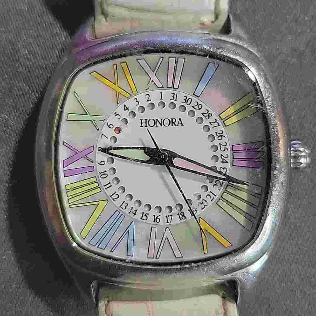 Honora Silver Leather Watch White Mother of Pearl Colorful Pastel - Not Working