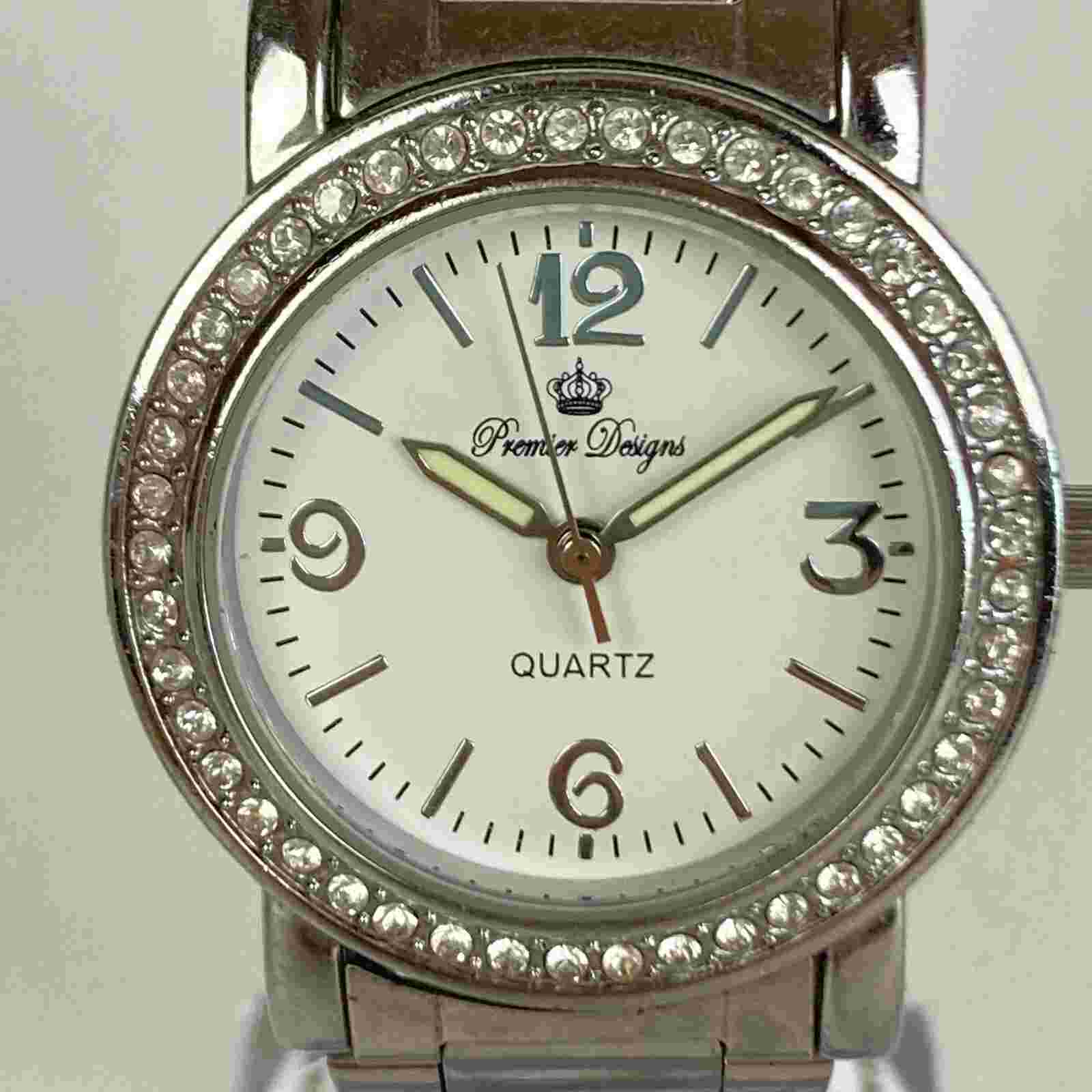 Premier Designs Watch Women Silver Tone Pave Bezel Bling Round New Battery 7.25"