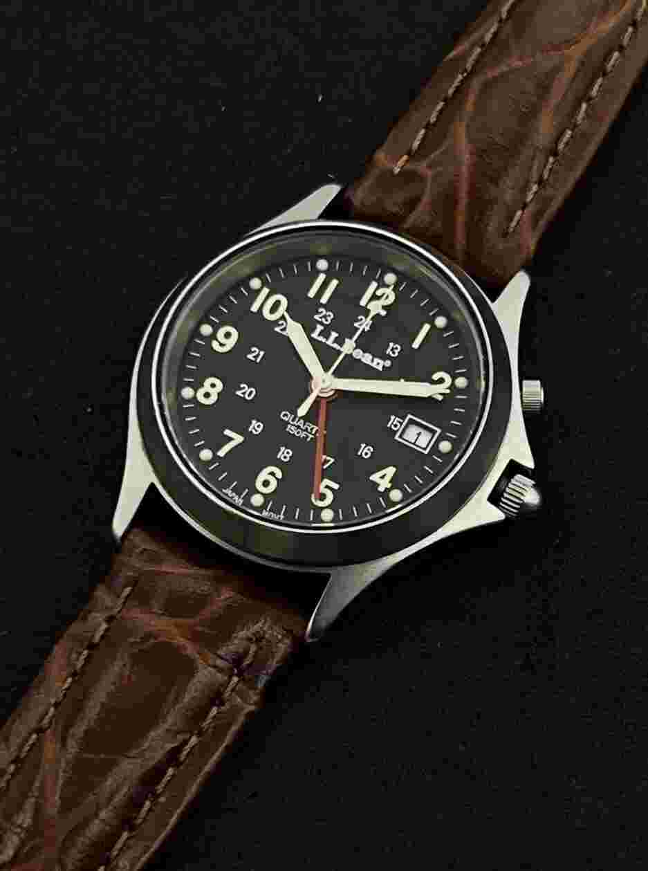 Vintage LL BEAN Men's 36mm Alarm Date Quartz Watch Steel Black Tan Leather