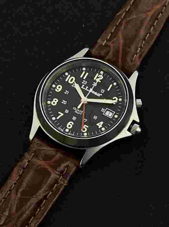 Vintage LL BEAN Men's 36mm Alarm Date Quartz Watch Steel Black Tan Leather