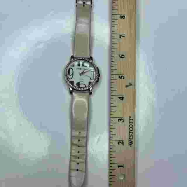 E Attention KM1403 Accutime Japan Silver Crystals Patent Beige Leather Untested