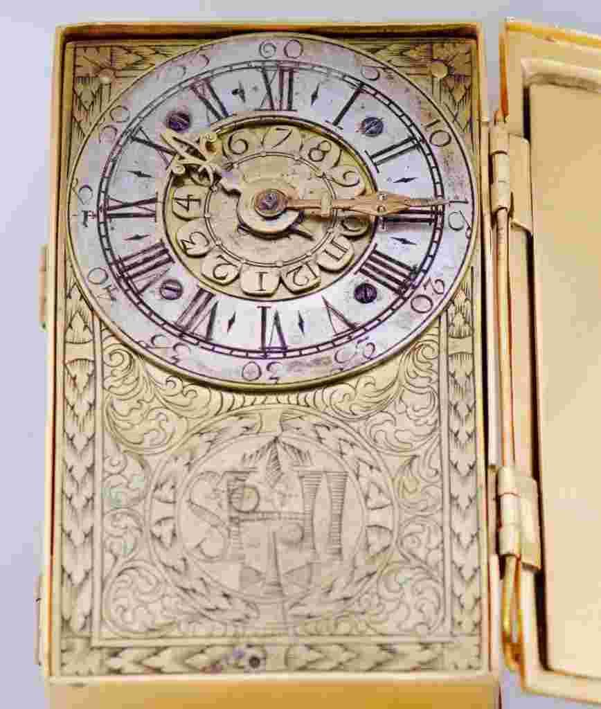 Antique English Verge Fusee ALARM Desk Watch Gilt Silver Engraved Chest c1698