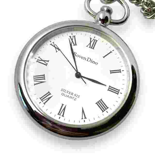 Roven Dino Vintage Pocket Watch Quartz Open Face Solid Silver 925 40mm chain