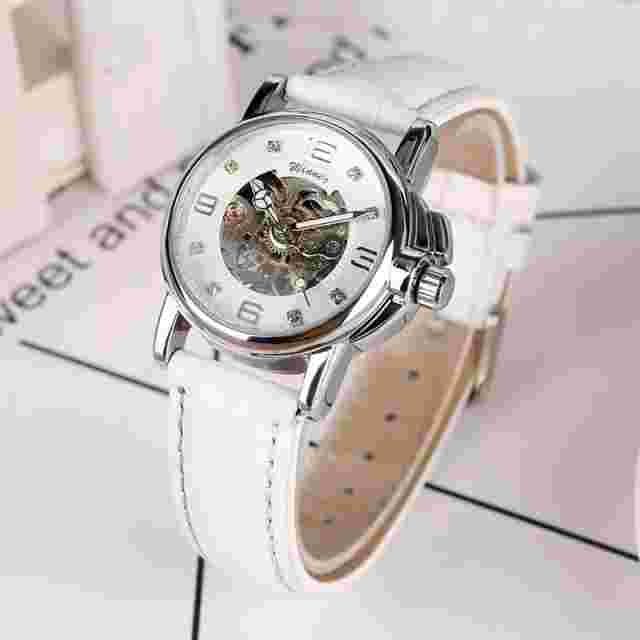 WINNER Brand Women's Mechanical Watch Skeleton Autoamtic Crystal Leather Band