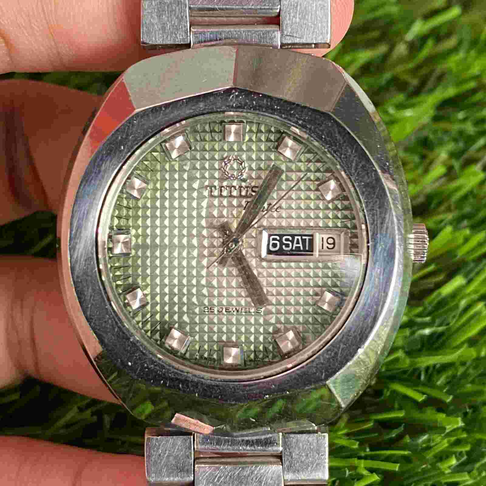 Rare Solvil et Titus Matic Green Dial Pattern Automatic Vintage Watch Men