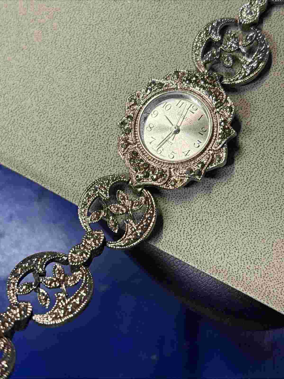 Vintage Ronica Marcasite Watch Women 24mm Silver Tone Ornate