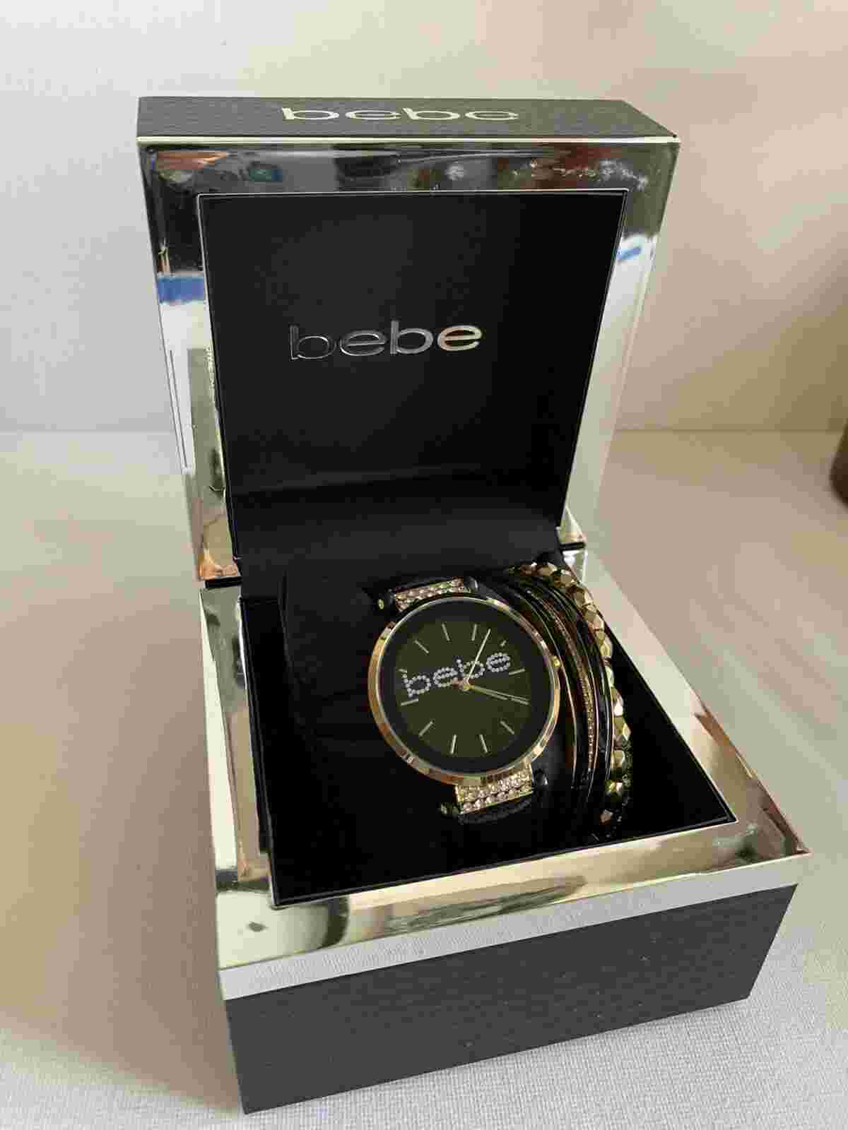 NIB BEBE Comfortable Rose Gold-Tone Women's Watch, 4 Bracelets Included