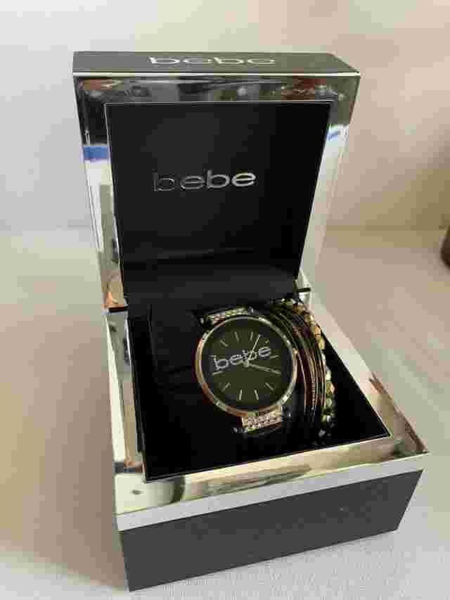 NIB BEBE Comfortable Rose Gold-Tone Women's Watch, 4 Bracelets Included