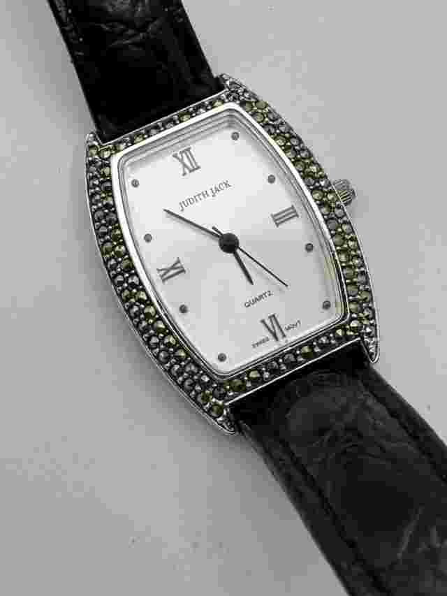Judith Jack Watch Sterling Silver Rhinestone Black Leather Band Wrist Watch