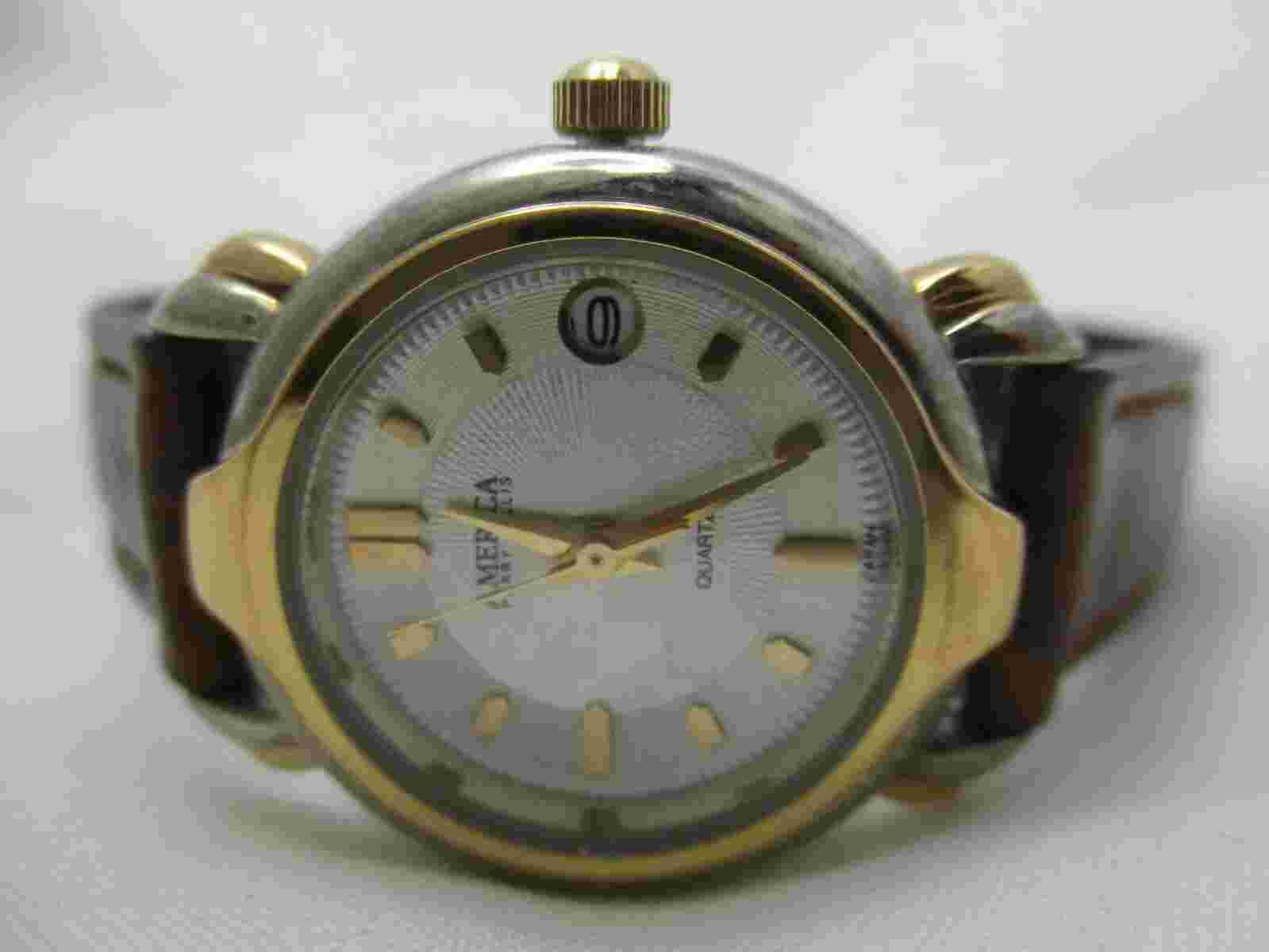 America Perry Ellis Watch Brown Leather Buckle Band Gold Tone Date Indicator