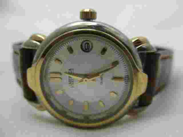 America Perry Ellis Watch Brown Leather Buckle Band Gold Tone Date Indicator
