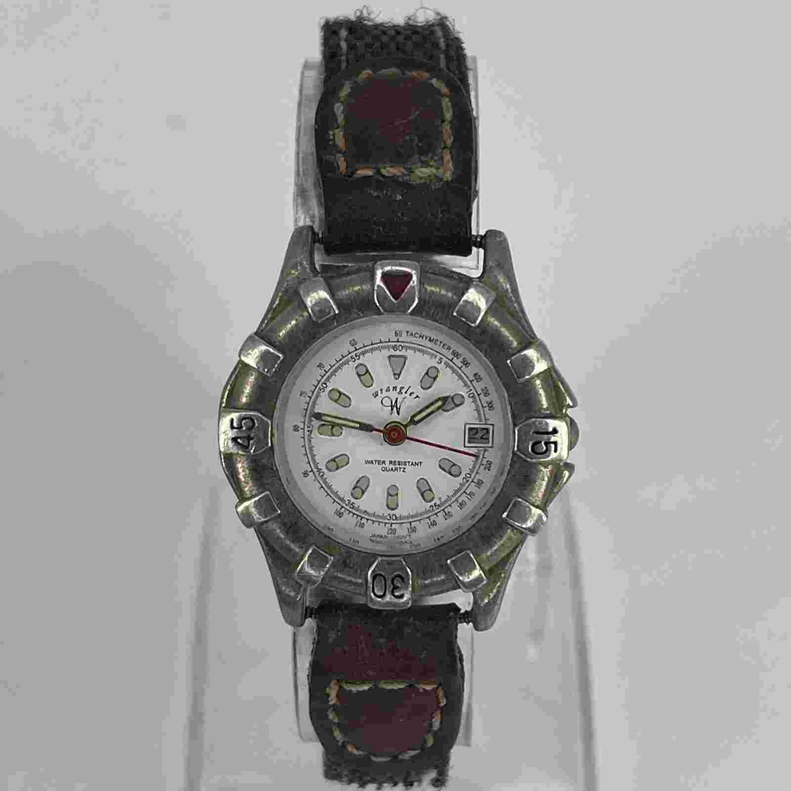 Wrangler Analog Watch Gray Brown Buckle Band Date Indicator NEW BATTERY RUNS!