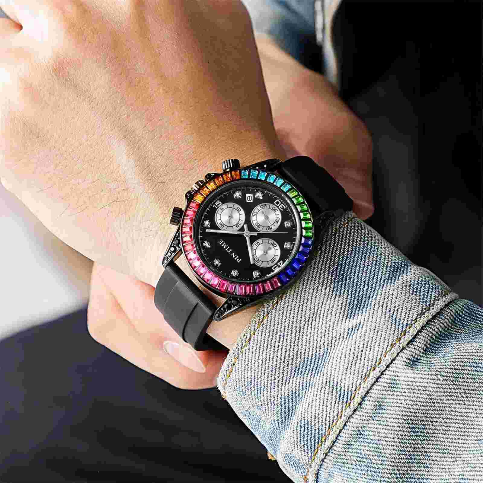 PINTIME Mens Quartz Rainbow Bezel Fashion Watch 30M Waterproof Dive Silicone NEW