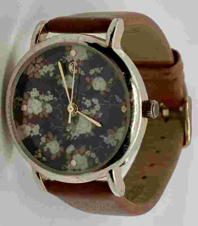 CHARMING Charlie Ladies Watch New Battery Floral Dial Brown Leather Gold Case