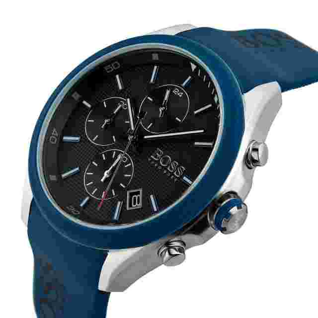 NEW GENUINE HUGO BOSS VELOCITY HB1513717 BLUE SILICONE STRAP & BLACK MENS WATCH