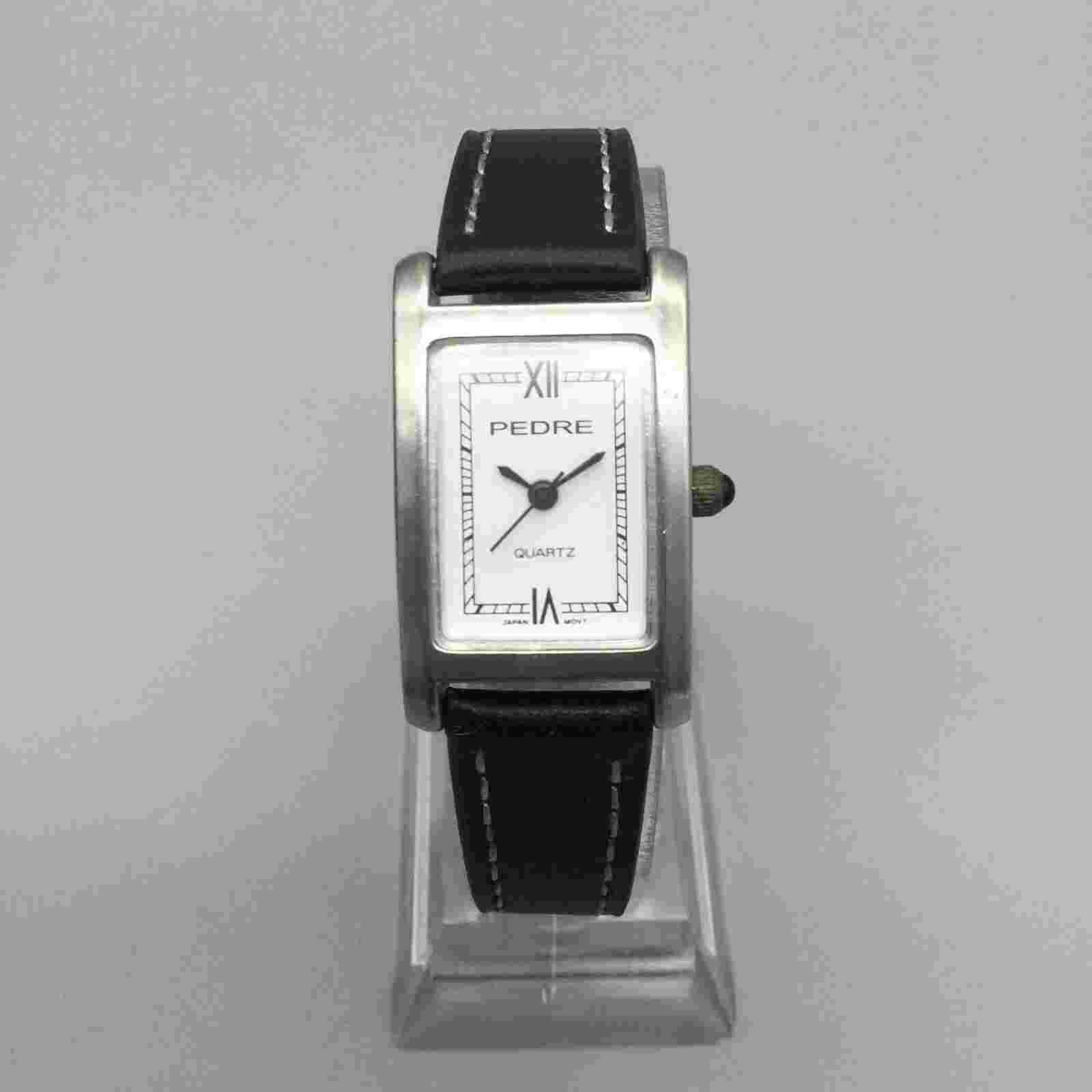 Pedre Watch Women 20mm Silver Tone Tank Black Leather Band New Battery