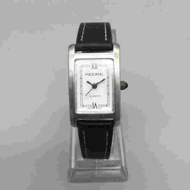 Pedre Watch Women 20mm Silver Tone Tank Black Leather Band New Battery