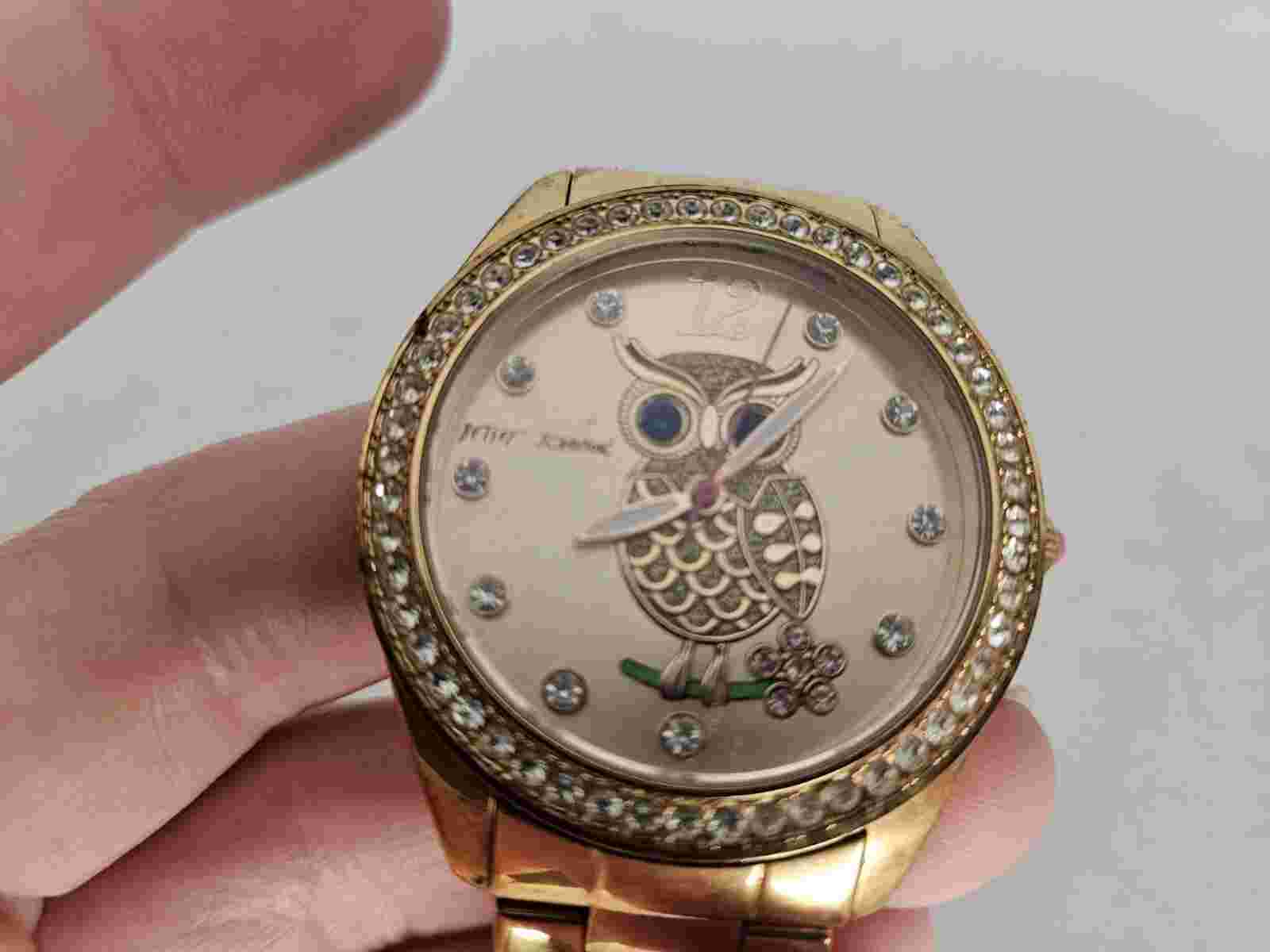 Betsey Johnson Owl Watch Women 40mm Rose Gold Tone Bling Needs New Battery