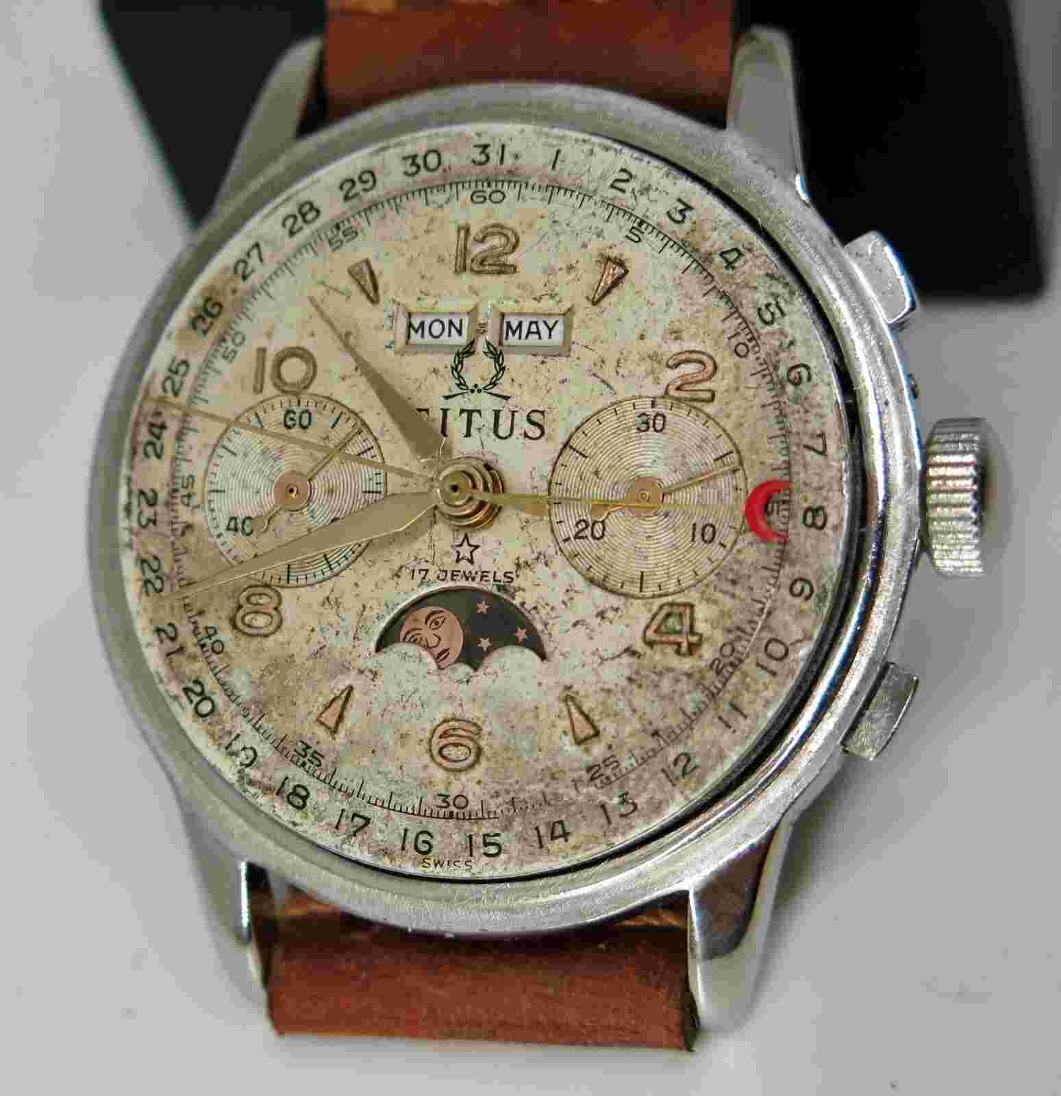Chronograph TITUS, triple calendar, moonphase, Landeron 186 hand winding, 50's