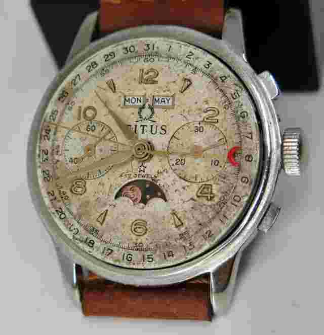 Chronograph TITUS, triple calendar, moonphase, Landeron 186 hand winding, 50's