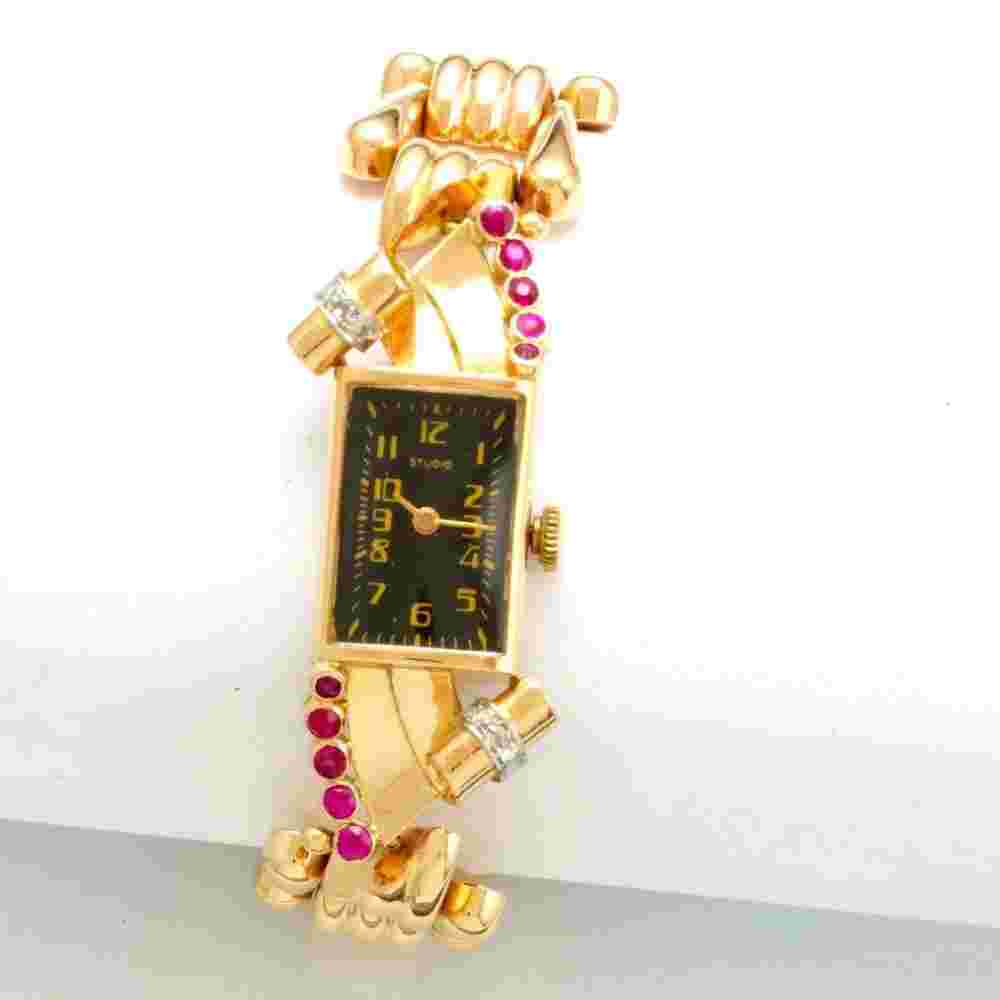 Retro Womens 18K Pink Gold Diamond & Ruby Watch with Full Bracelet
